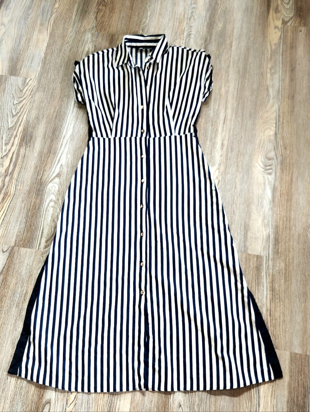 Zara Linen Blend Navy White Stripe Nautical Shirt Dress Midi S Button Up A Line